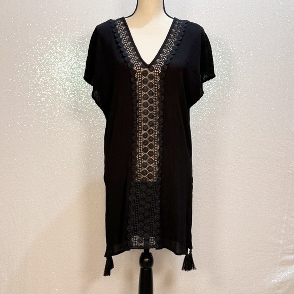 Kona Sol Black Swim Cover-Up palm leaf sheer maxi length - Picture 10 of 11